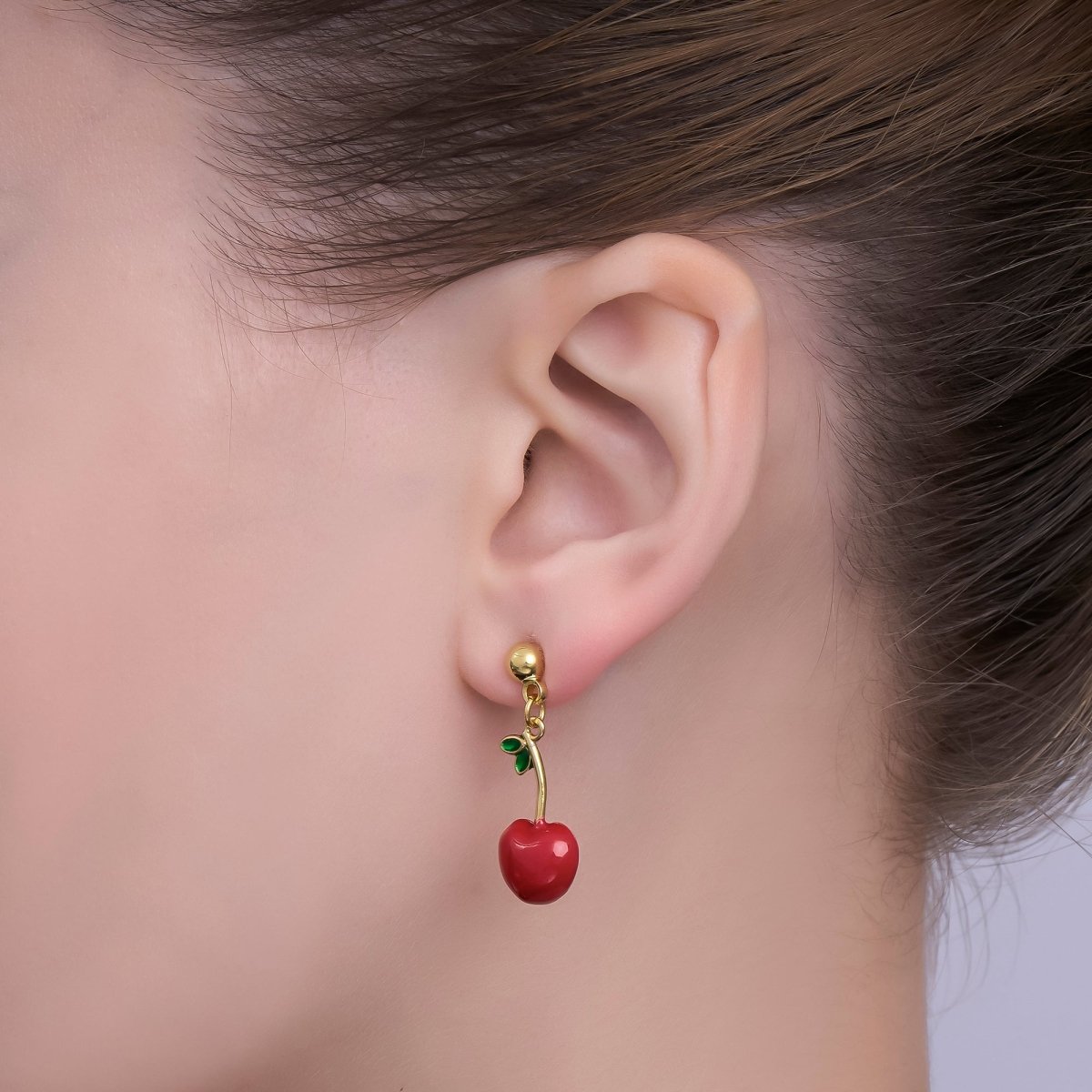 24K Gold Filled Green Enamel Red Cherry Pop Fruit Drop Stud Earrings | AI - 466 - DLUXCA