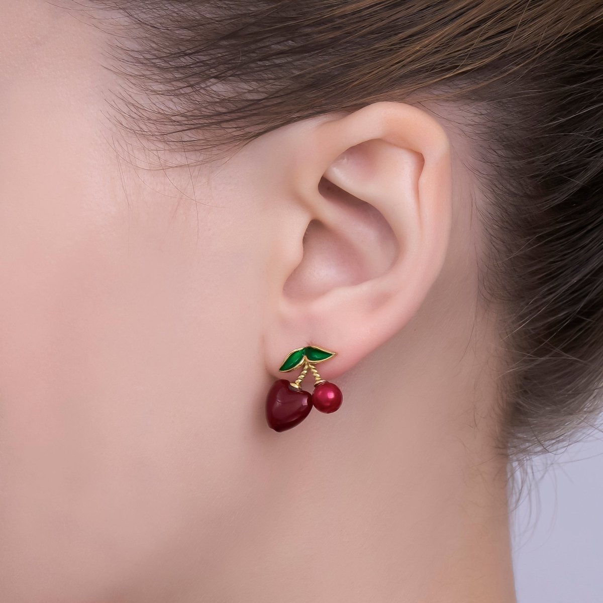 24K Gold Filled Green Enamel Red Heart Cherry Bomb Fruit Drop Stud Earrings | AI - 467 - DLUXCA