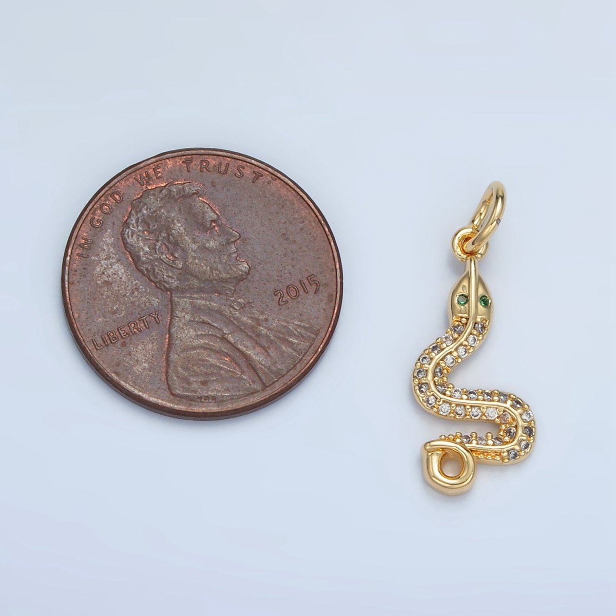 24K Gold Filled Green - Eyed Micro Paved CZ Snake Serpent Animal Charm | N1394 - DLUXCA