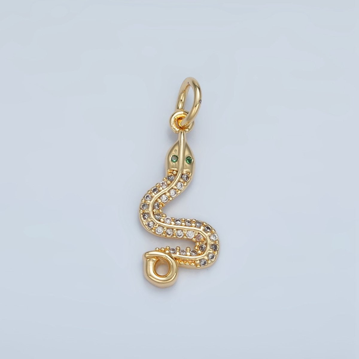 24K Gold Filled Green - Eyed Micro Paved CZ Snake Serpent Animal Charm | N1394 - DLUXCA