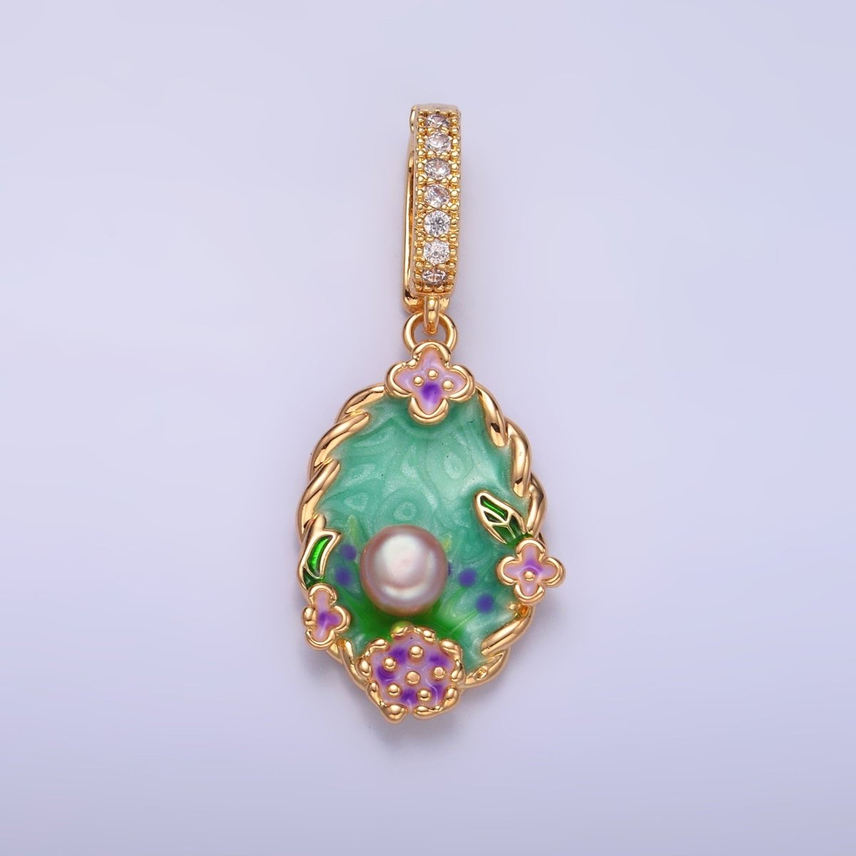 24K Gold Filled Green Floral Oasis Micro Paved CZ Snap Bail Pendant | AA1445 - DLUXCA