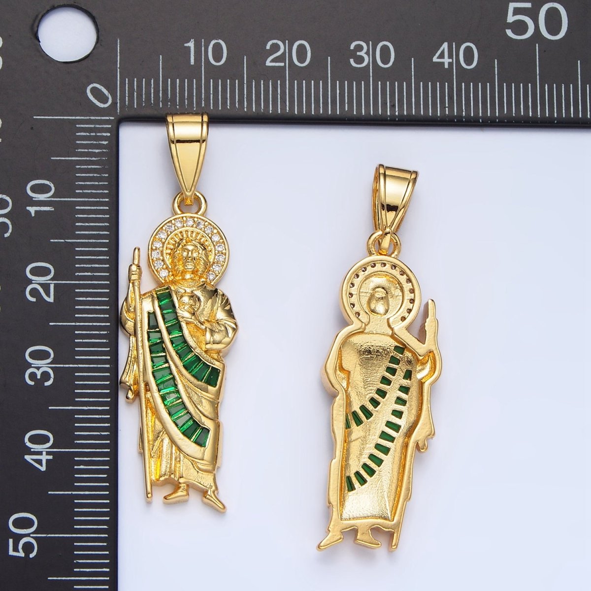 24K Gold Filled Green Micro Paved Baguette CZ Saint Jude Religious Figure Pendant | AA895 - AA897 - DLUXCA