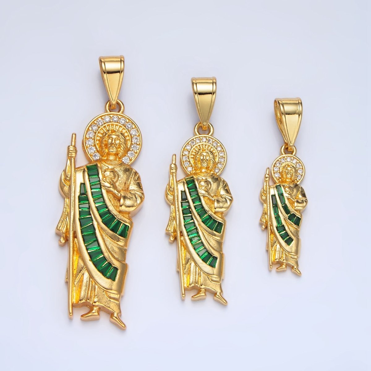 24K Gold Filled Green Micro Paved Baguette CZ Saint Jude Religious Figure Pendant | AA895 - AA897 - DLUXCA