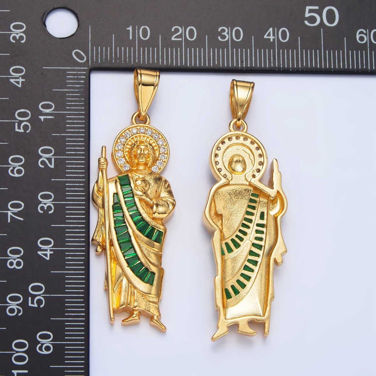 24K Gold Filled Green Micro Paved Baguette CZ Saint Jude Religious Figure Pendant | AA895 - AA897 - DLUXCA