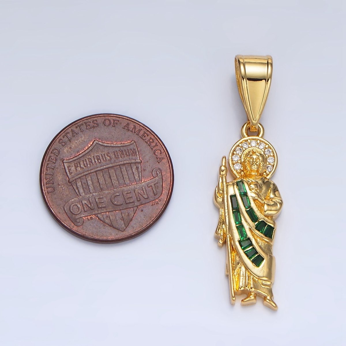 24K Gold Filled Green Micro Paved Baguette CZ Saint Jude Religious Figure Pendant | AA895 - AA897 - DLUXCA