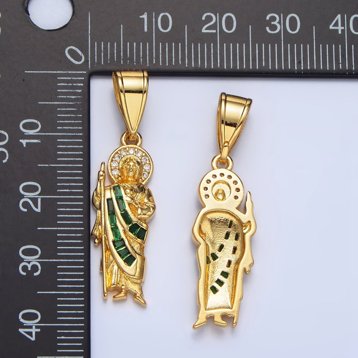 24K Gold Filled Green Micro Paved Baguette CZ Saint Jude Religious Figure Pendant | AA895 - AA897 - DLUXCA