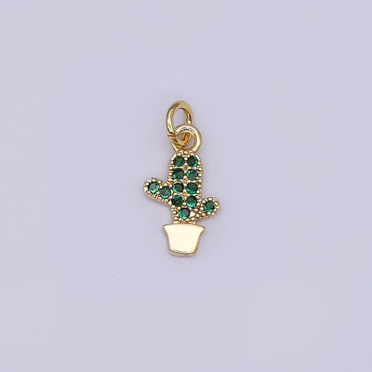 24K Gold Filled Green Micro Paved CZ Cactus Plant Charm in Gold & Silver | AF484 - DLUXCA
