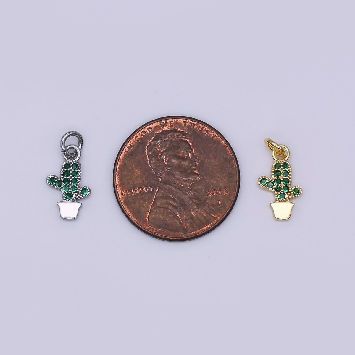 24K Gold Filled Green Micro Paved CZ Cactus Plant Charm in Gold & Silver | AF484 - DLUXCA