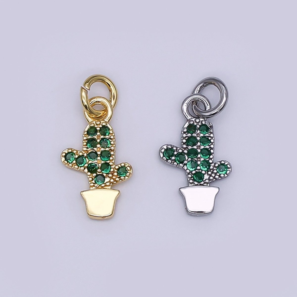 24K Gold Filled Green Micro Paved CZ Cactus Plant Charm in Gold & Silver | AF484 - DLUXCA