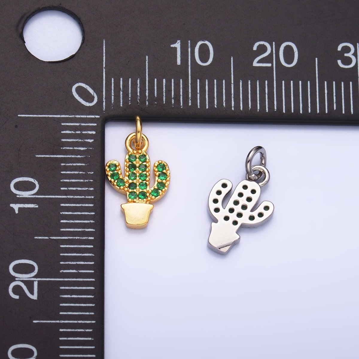 24K Gold Filled Green Micro Paved CZ Cactus Plant Charm in Gold & Silver | M709 - DLUXCA