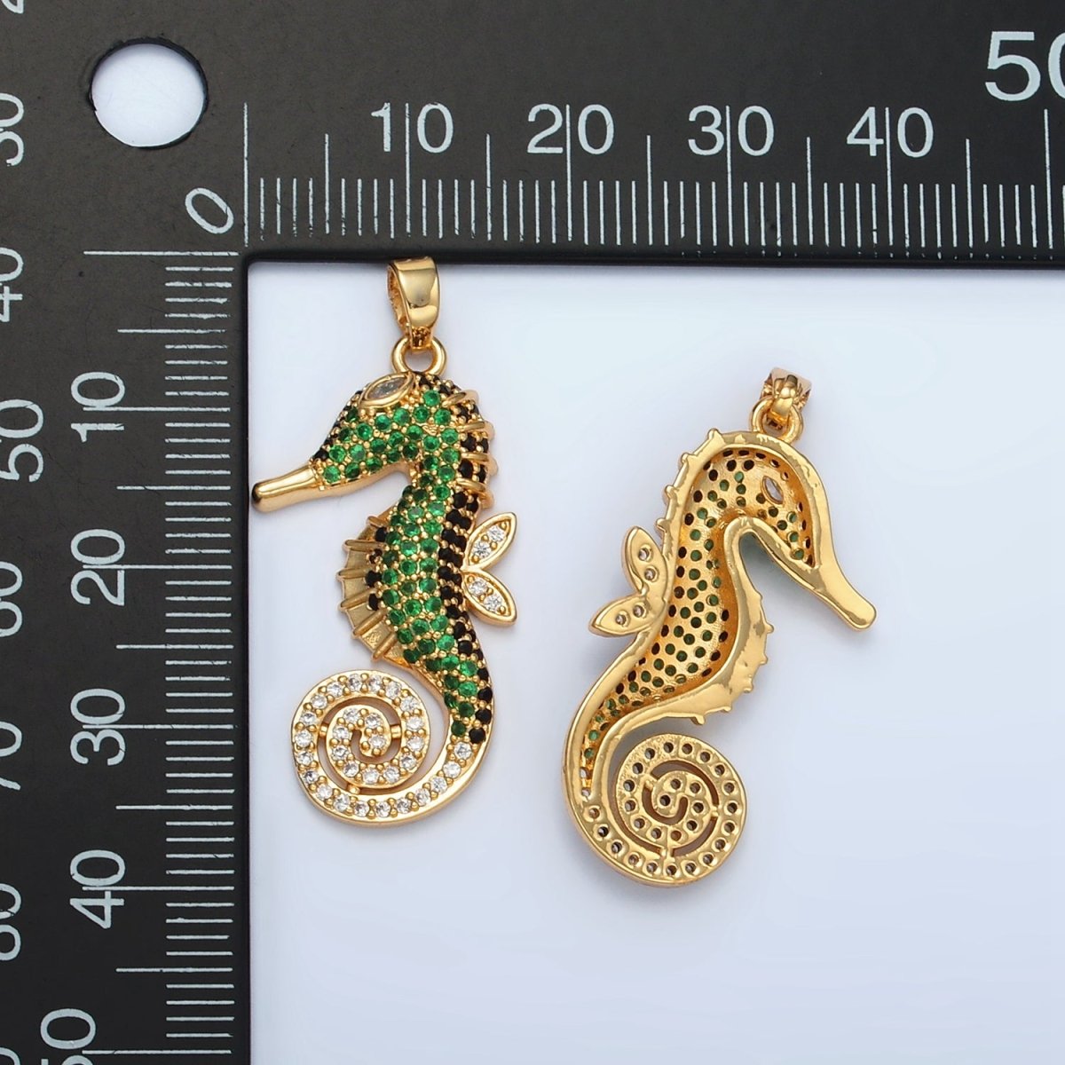 24K Gold Filled Green Micro Paved Sea Horse Ocean Animal Pendant | I288 - DLUXCA