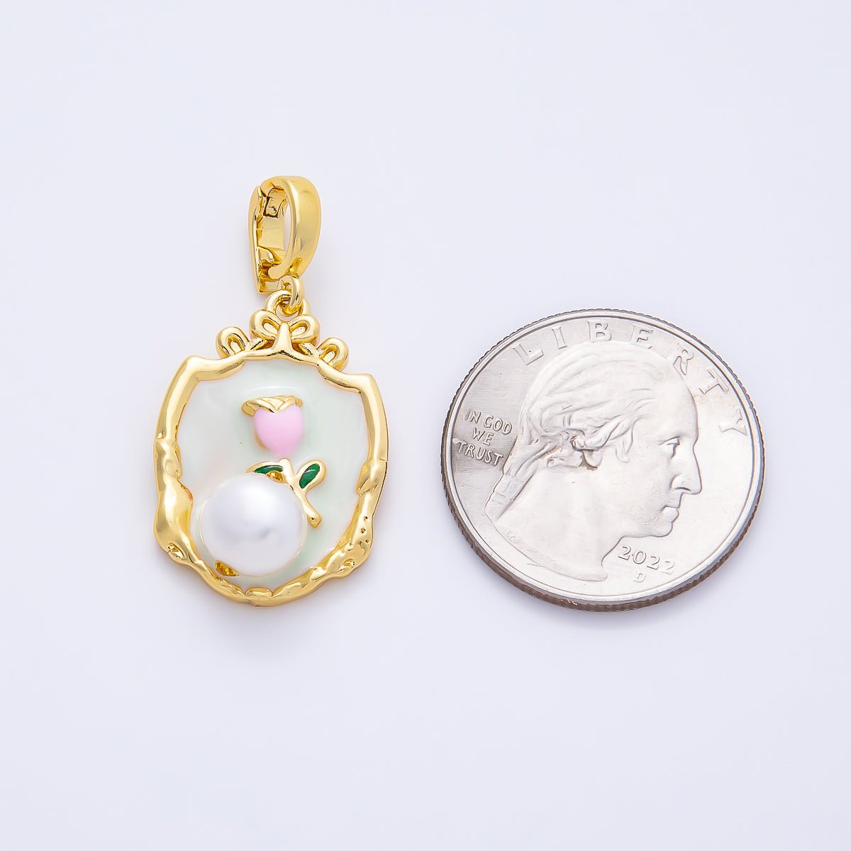24K Gold Filled Green Pink Rose Flower With Pearl Snap Bail Pendant | AA1462 - DLUXCA