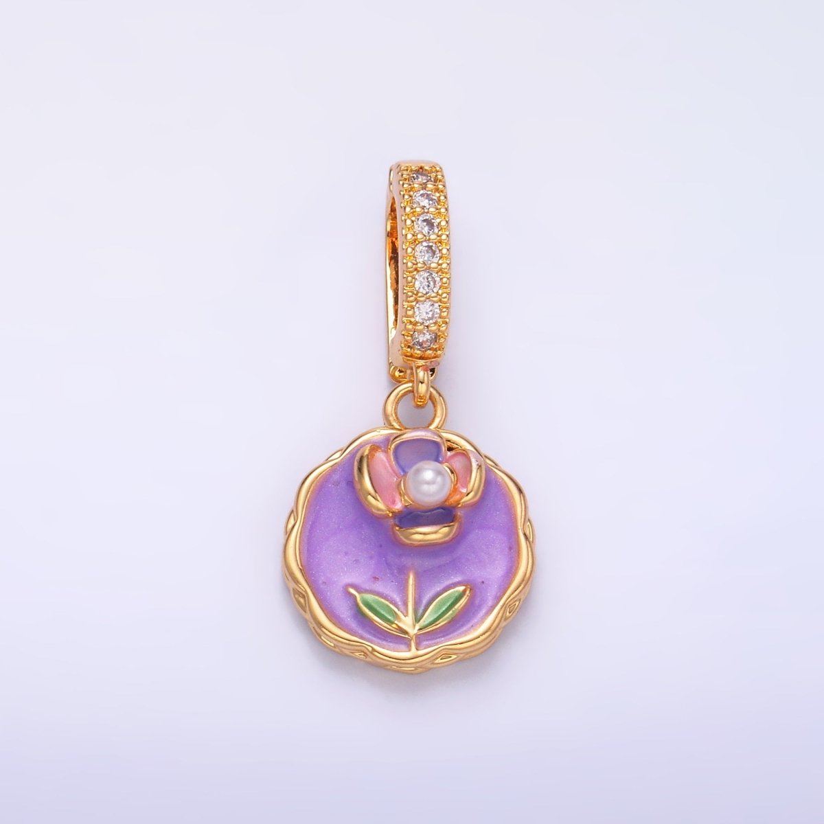 24K Gold Filled Green, Purple, Pink Daisy Flower Micro Paved CZ Snap Bail Pendant | AA1442 AA1443 - DLUXCA