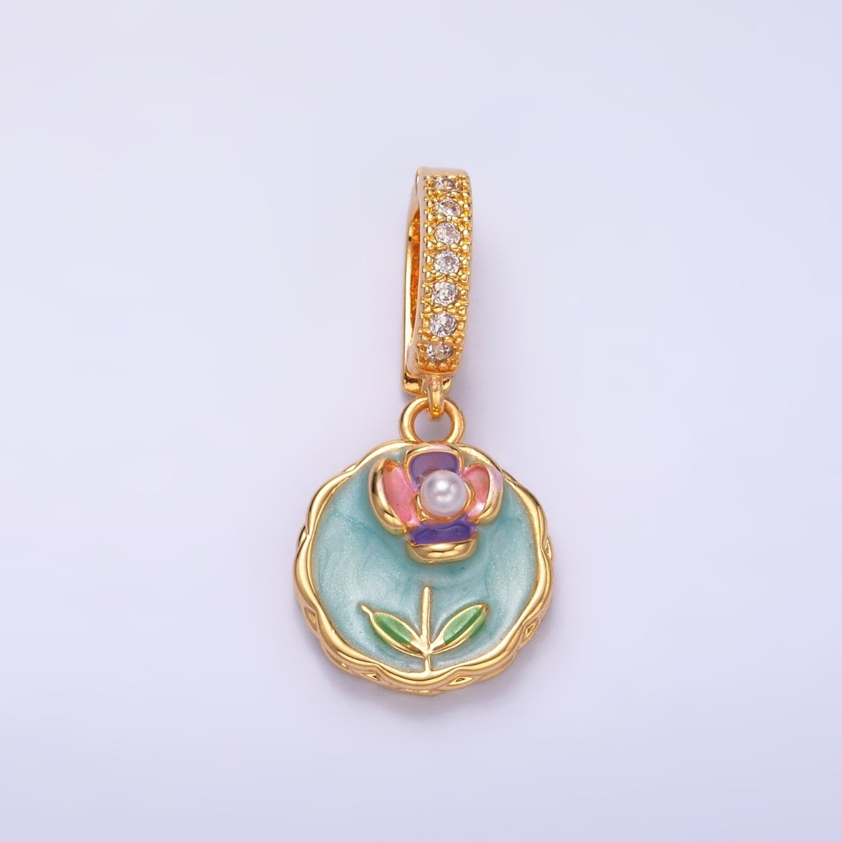 24K Gold Filled Green, Purple, Pink Daisy Flower Micro Paved CZ Snap Bail Pendant | AA1442 AA1443 - DLUXCA