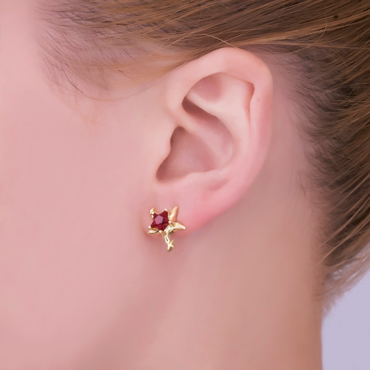 24K Gold Filled Green, Red, & Pink CZ Star - Shaped Stud Earrings | AJ - 067 - AJ - 072 - DLUXCA