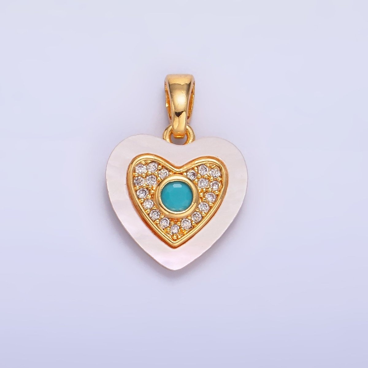 24K Gold Filled Green, Red, Turquoise CZ Micro Paved Shell Pearl Heart Pendant | AA1064 AA1065 - DLUXCA