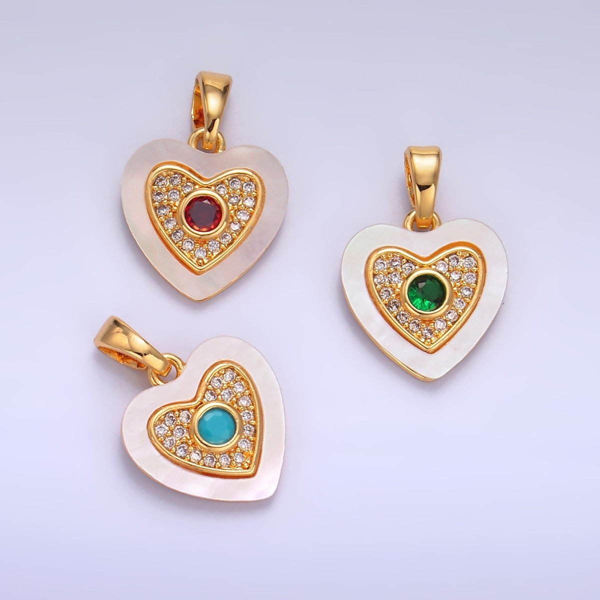 24K Gold Filled Green, Red, Turquoise CZ Micro Paved Shell Pearl Heart Pendant | AA1064 AA1065 - DLUXCA