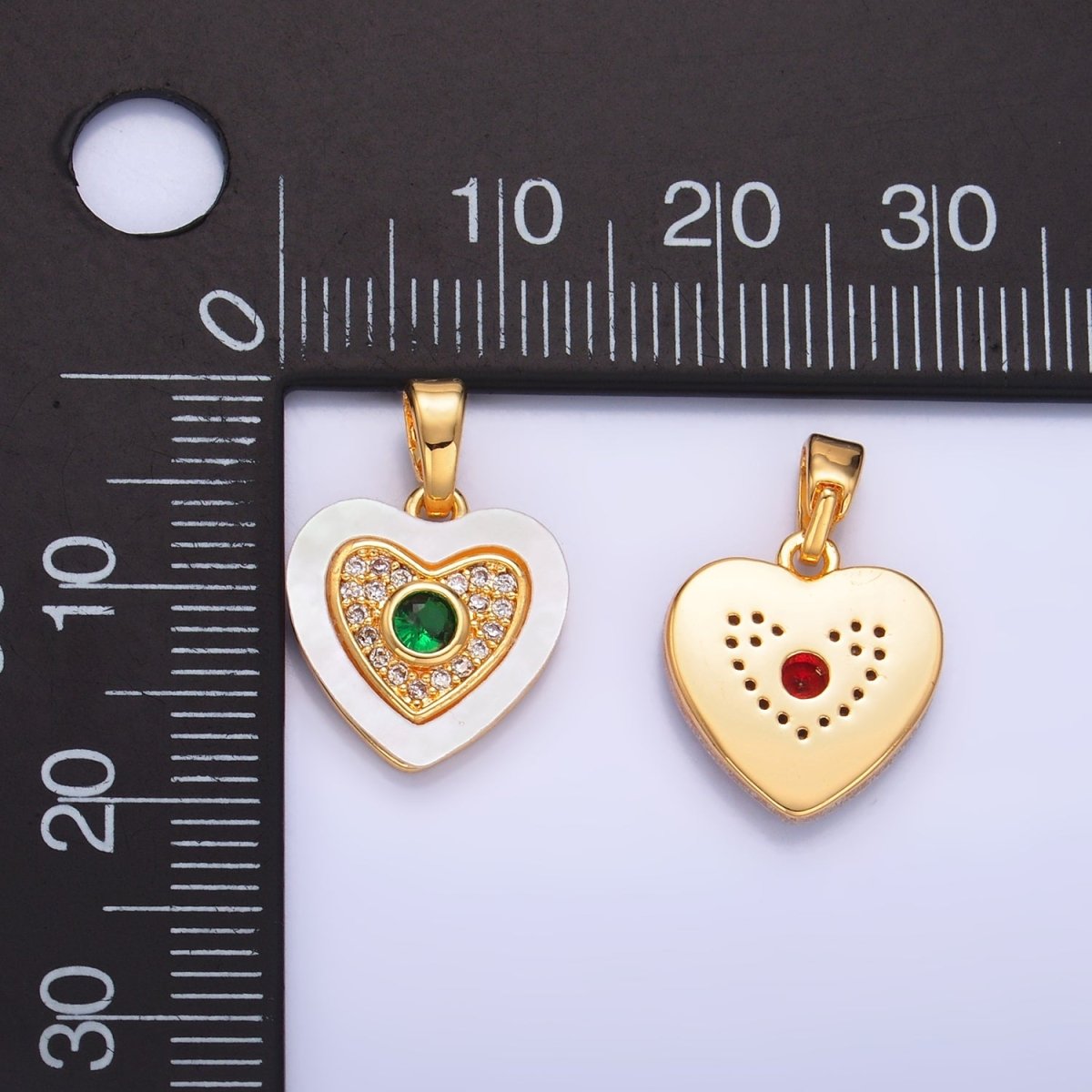 24K Gold Filled Green, Red, Turquoise CZ Micro Paved Shell Pearl Heart Pendant | AA1064 AA1065 - DLUXCA