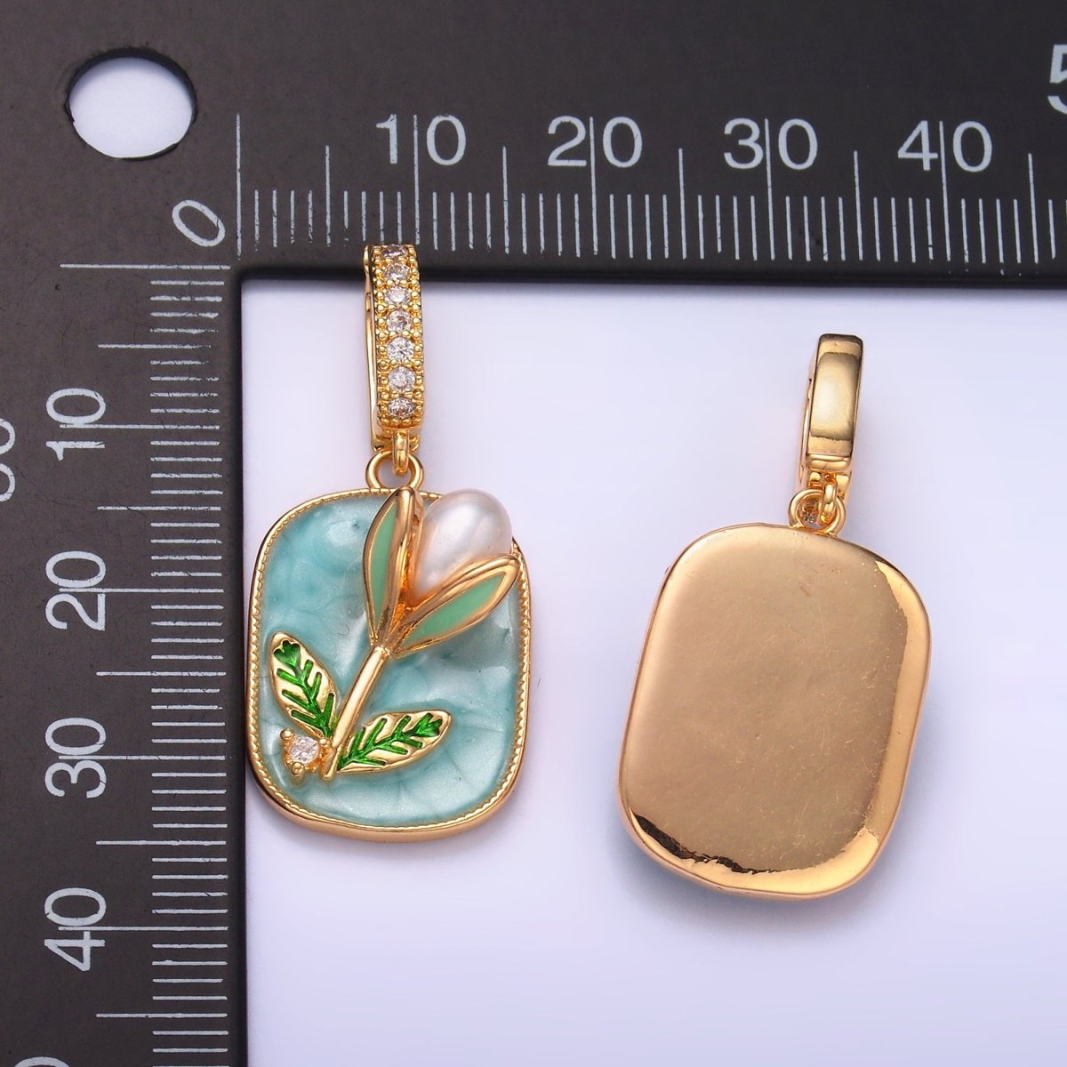 24K Gold Filled Green Tulip Floral Micro Paved CZ Snap Bail Pendant | AA1444 - DLUXCA