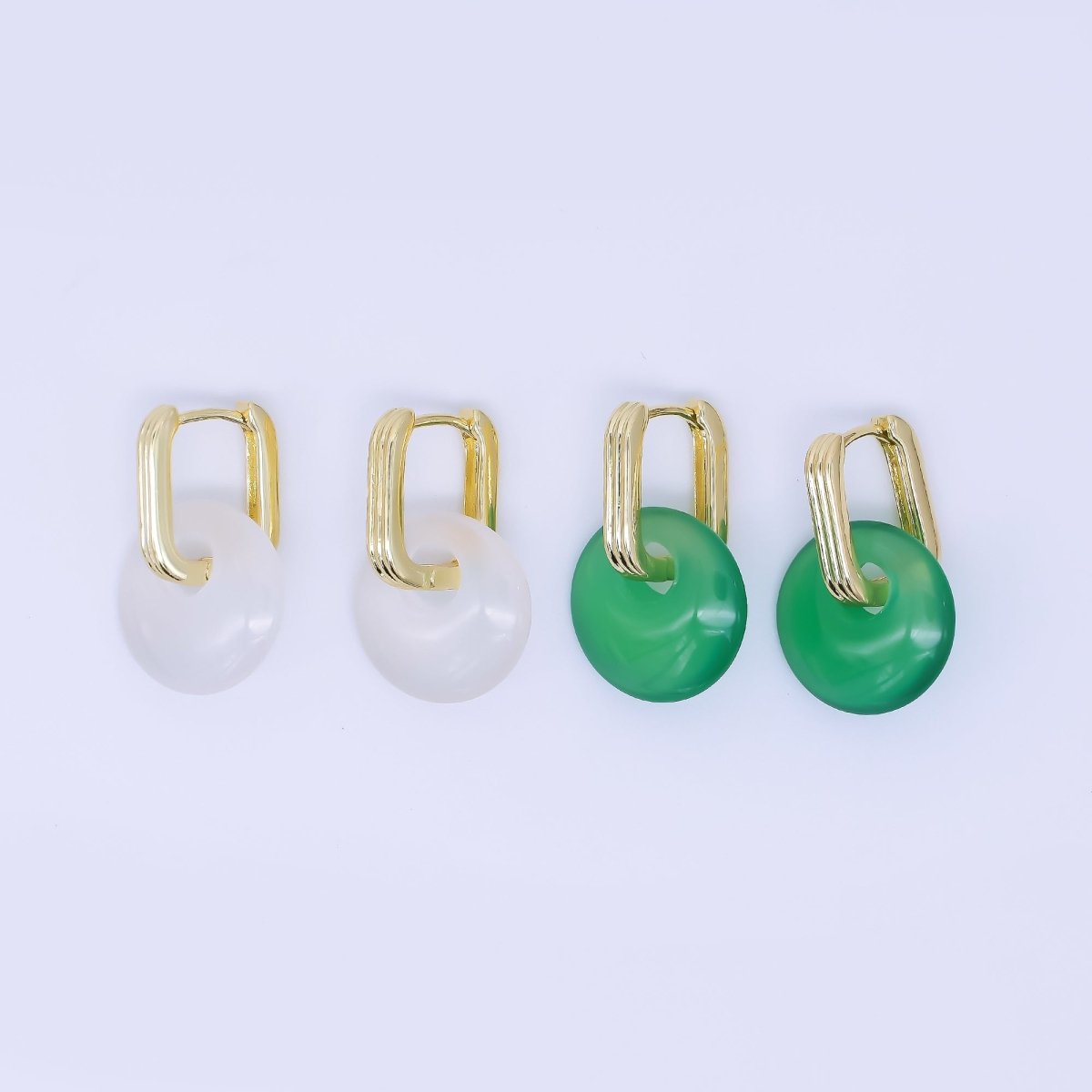24K Gold Filled Green, White Jade Oblong U - Shaped Hoop Drop Earrings | AB1590 AB1591 - DLUXCA