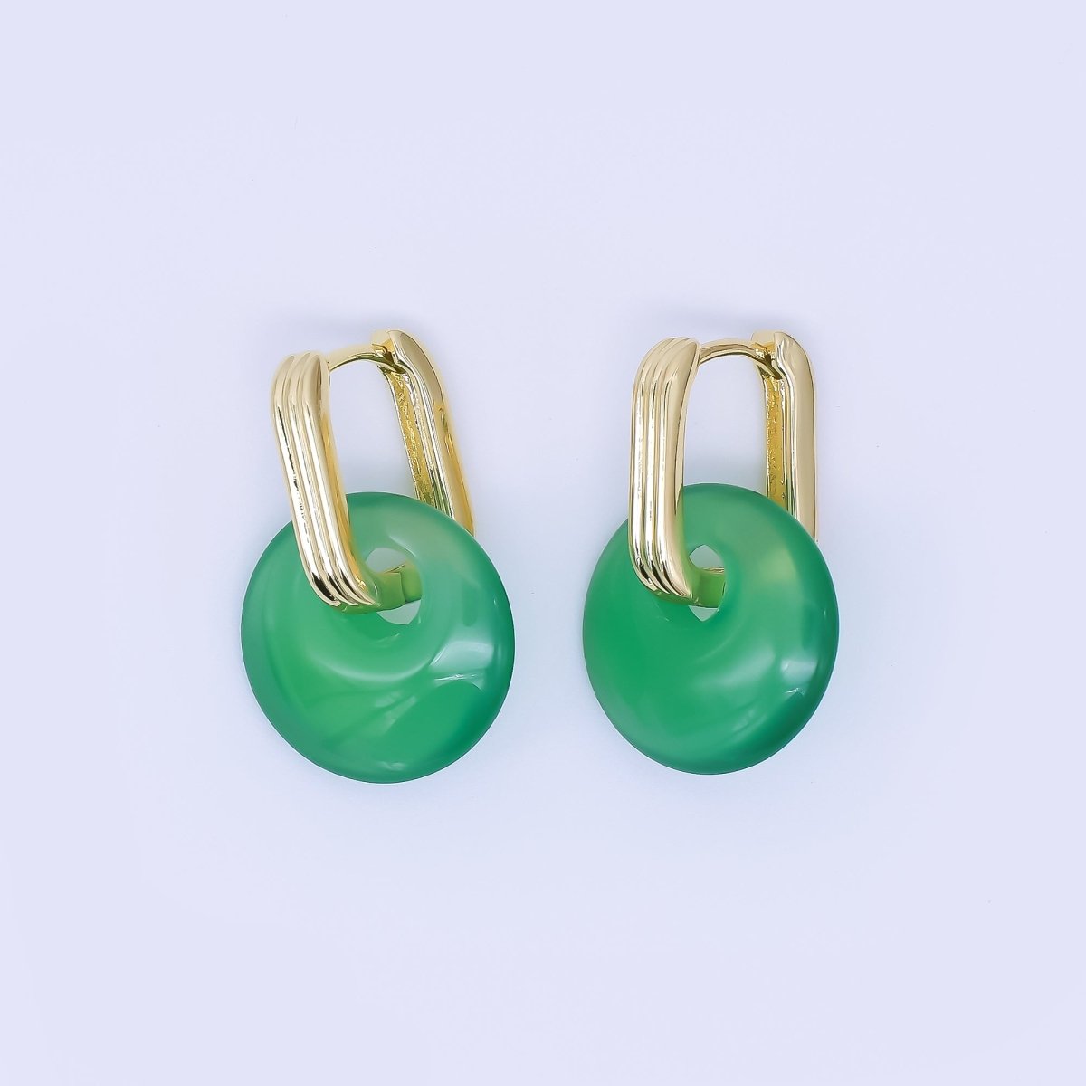 24K Gold Filled Green, White Jade Oblong U - Shaped Hoop Drop Earrings | AB1590 AB1591 - DLUXCA