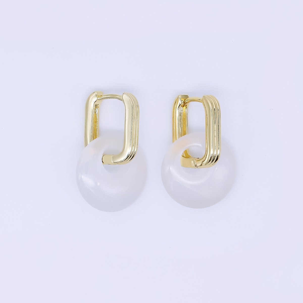 24K Gold Filled Green, White Jade Oblong U - Shaped Hoop Drop Earrings | AB1590 AB1591 - DLUXCA