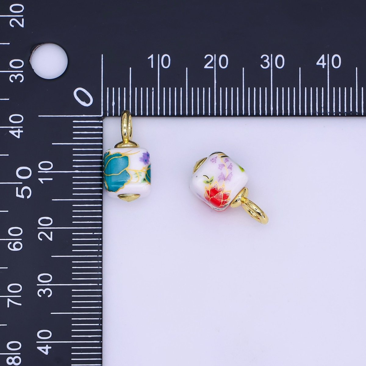 24K Gold Filled Green, Yellow, Purple, Red, Pink Flower Cube Ceramic Drop Pendant | E710 - E729 - DLUXCA