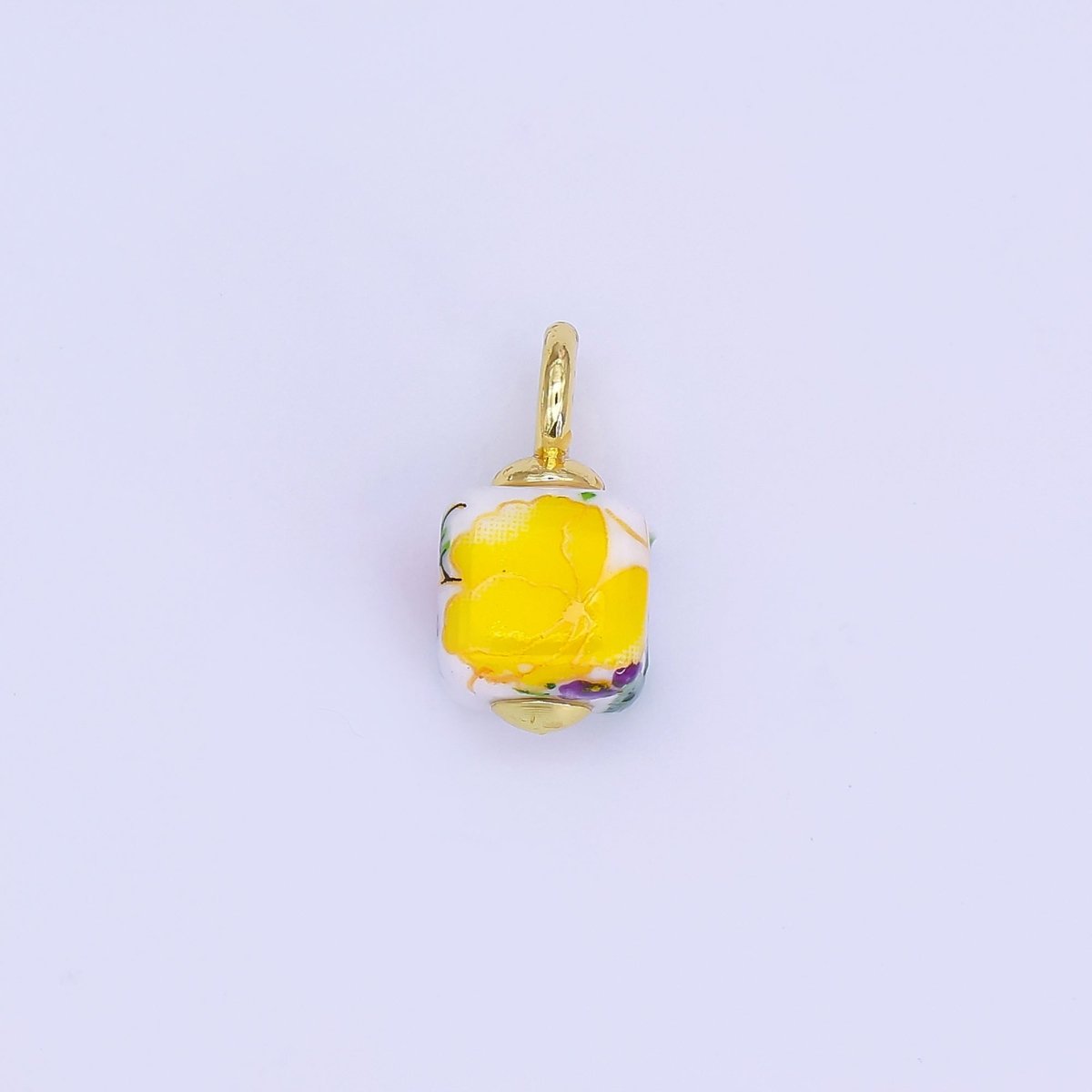 24K Gold Filled Green, Yellow, Purple, Red, Pink Flower Cube Ceramic Drop Pendant | E710 - E729 - DLUXCA