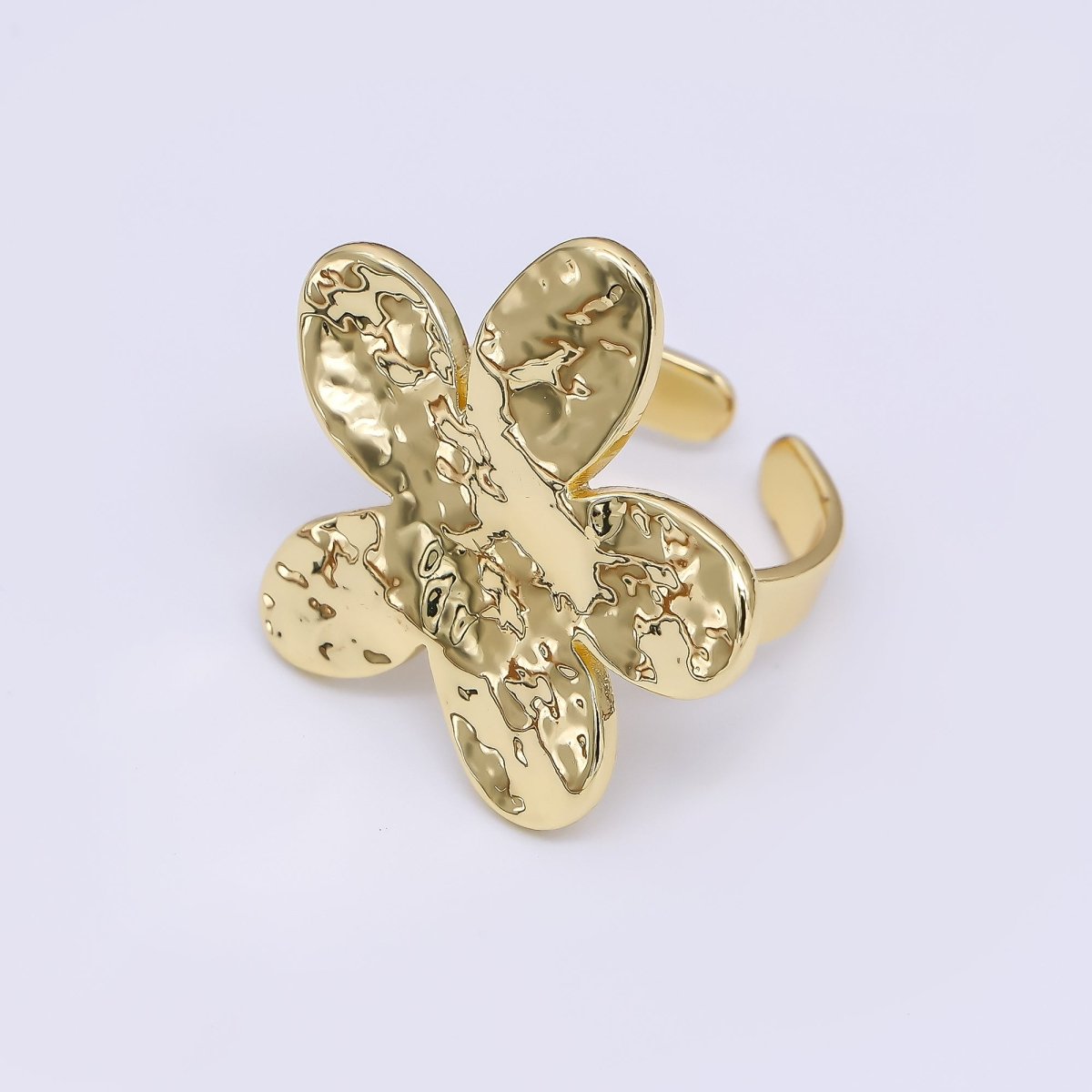 24K Gold Filled Hammered Blooming Flower Adjustable Open Ring | O1471 - DLUXCA