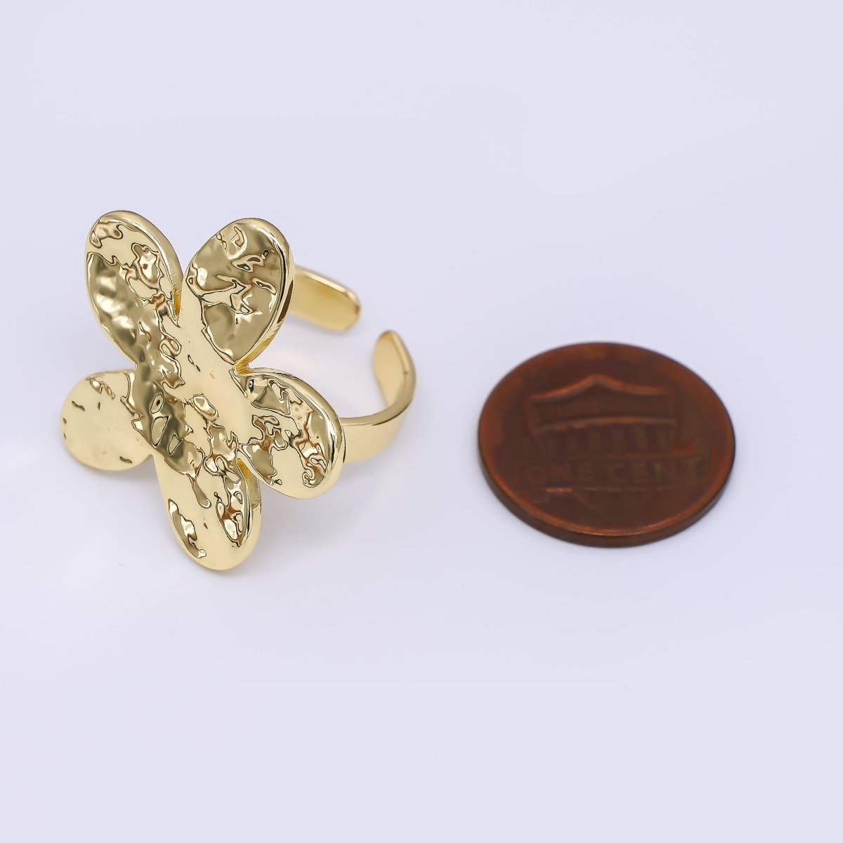 24K Gold Filled Hammered Blooming Flower Adjustable Open Ring | O1471 - DLUXCA