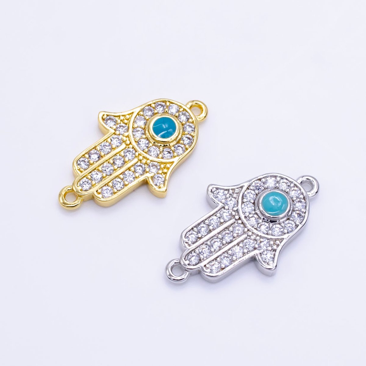 24K Gold Filled Hamsa Hand Turquoise Micro Paved CZ Connector in Gold & Silver | F023 - DLUXCA