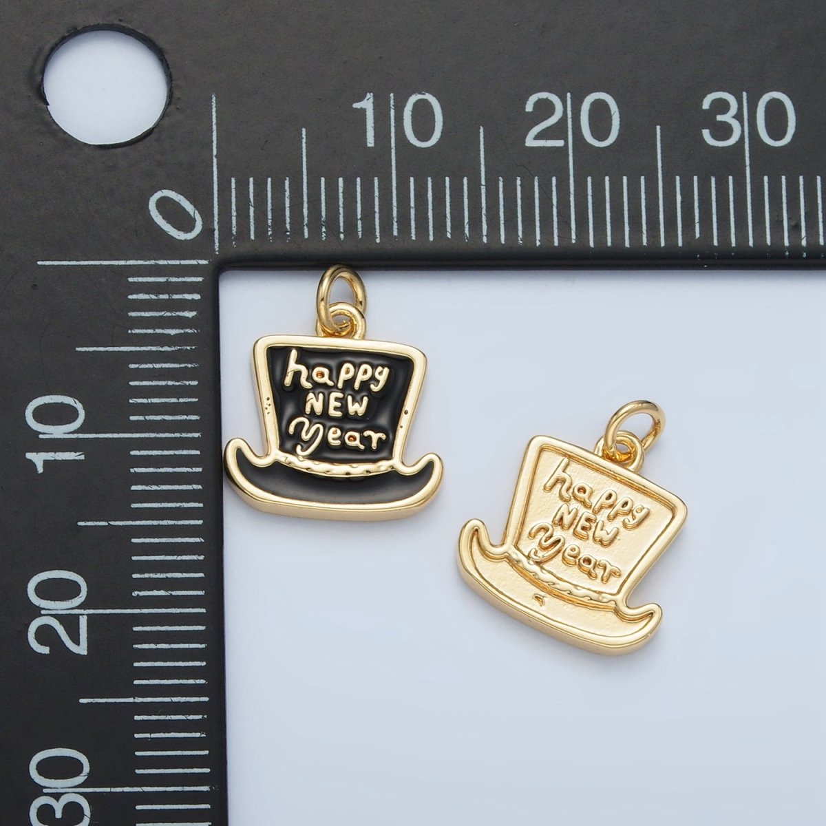 24K Gold Filled "Happy New Year" Enamel Top Hat Charm in Gold & Silver | N502 - DLUXCA