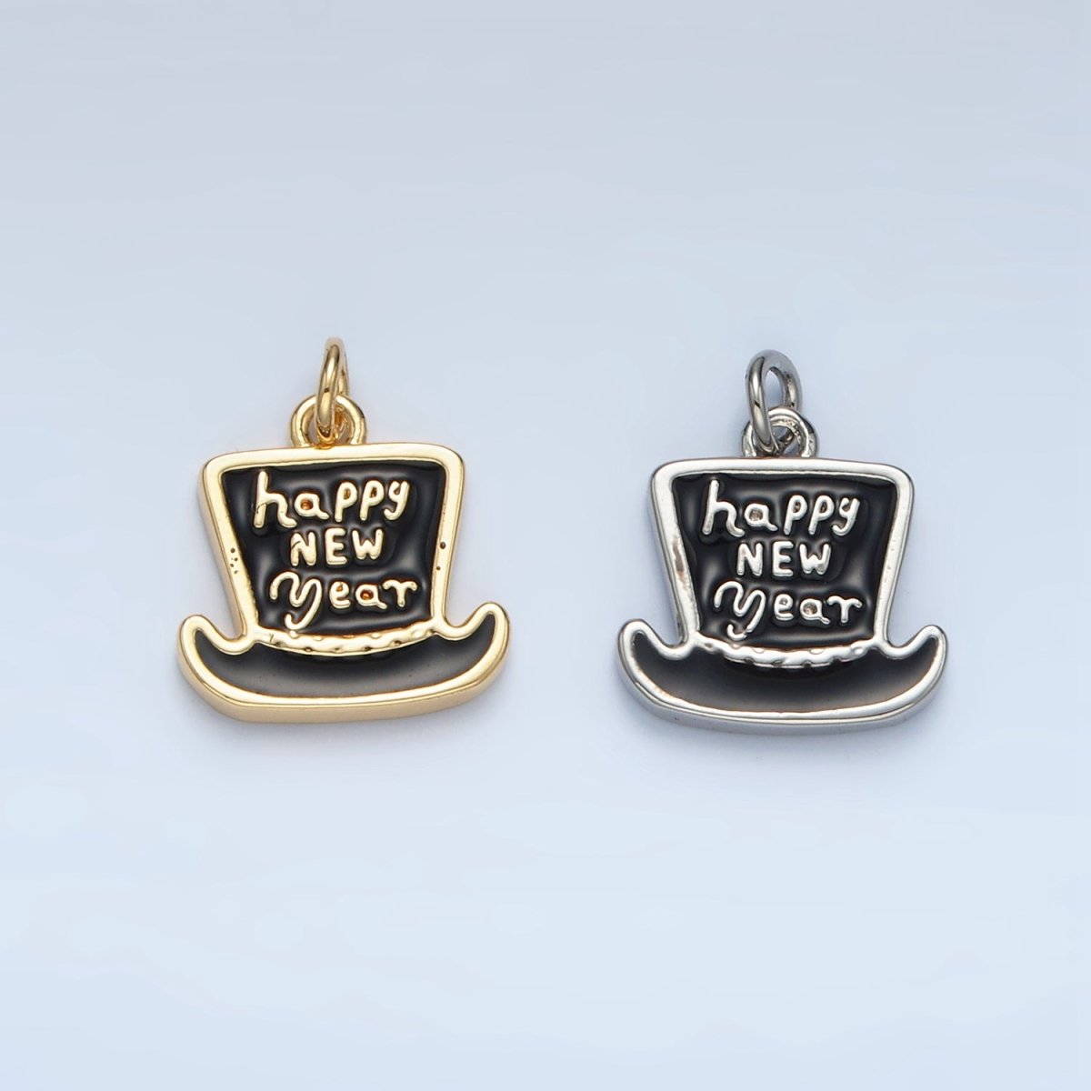 24K Gold Filled "Happy New Year" Enamel Top Hat Charm in Gold & Silver | N502 - DLUXCA