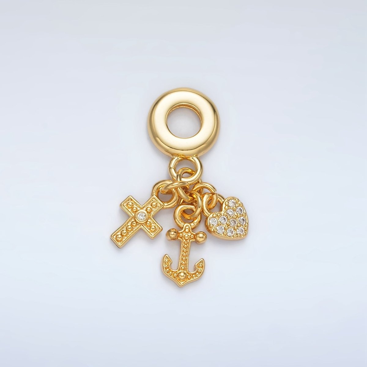 24K Gold Filled Heart Anchor Cross Micro Paved Triple Drop Rhondelle Bail Pendant | AC089 - DLUXCA