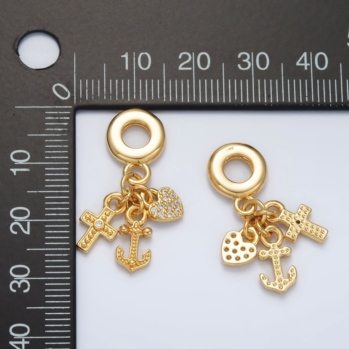 24K Gold Filled Heart Anchor Cross Micro Paved Triple Drop Rhondelle Bail Pendant | AC089 - DLUXCA