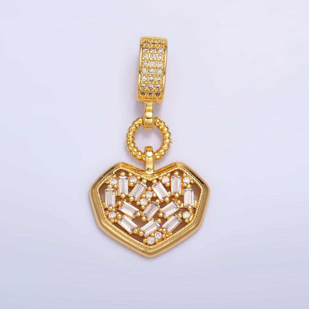 24K Gold Filled Heart Baguette CZ Micro Paved Drop Bail Pendant | AA1090 - DLUXCA