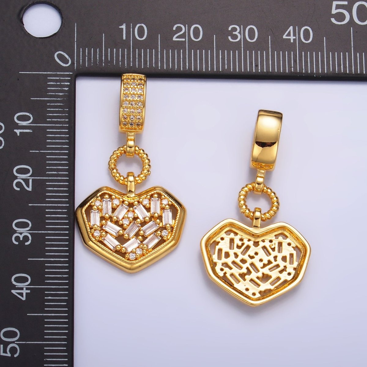 24K Gold Filled Heart Baguette CZ Micro Paved Drop Bail Pendant | AA1090 - DLUXCA