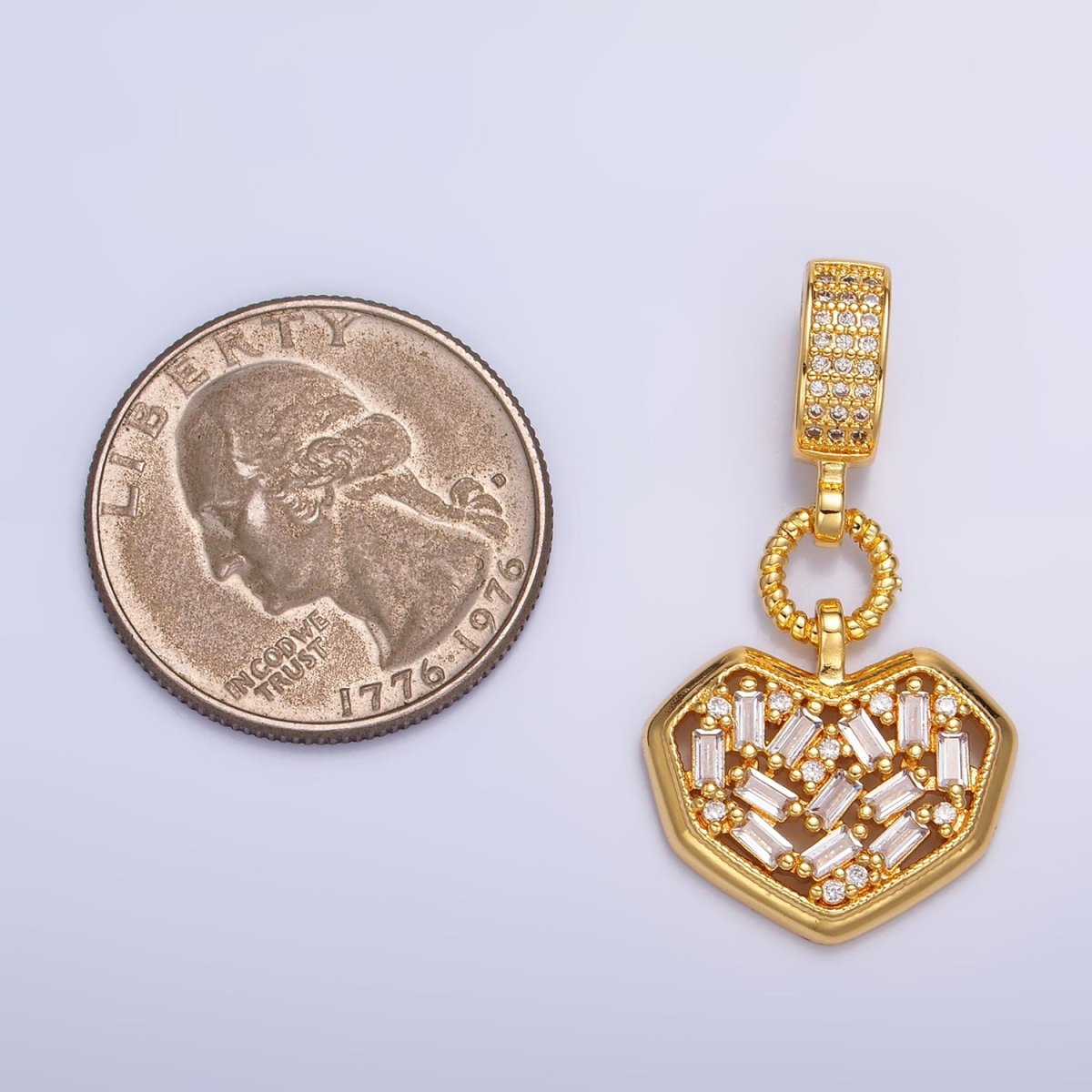 24K Gold Filled Heart Baguette CZ Micro Paved Drop Bail Pendant | AA1090 - DLUXCA