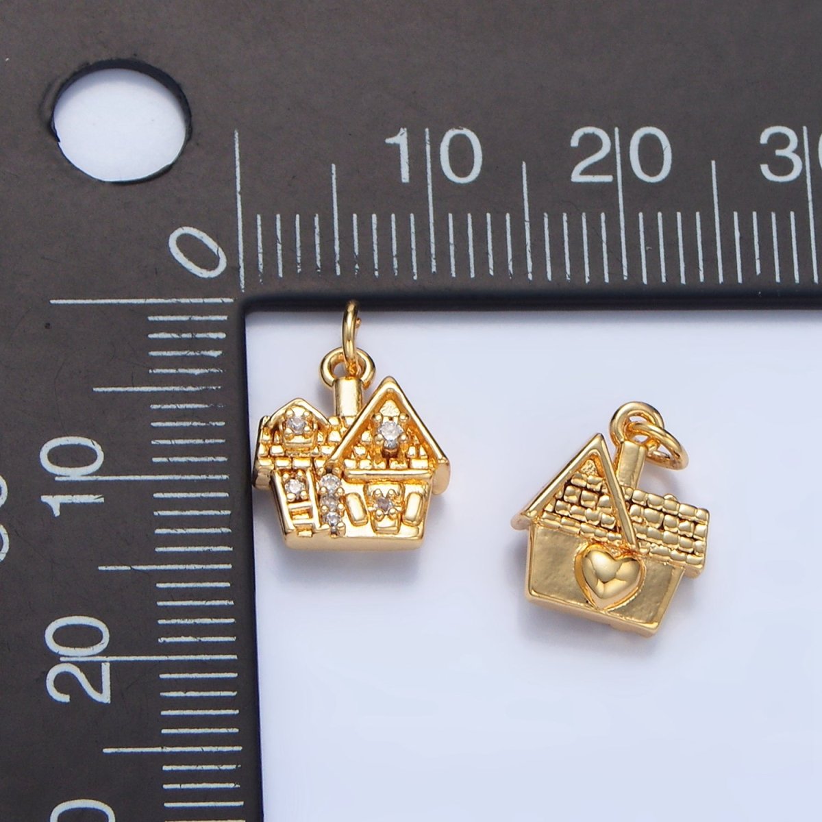 24K Gold Filled Heart CZ House Home Mini Double Sided Charm | X853 - DLUXCA