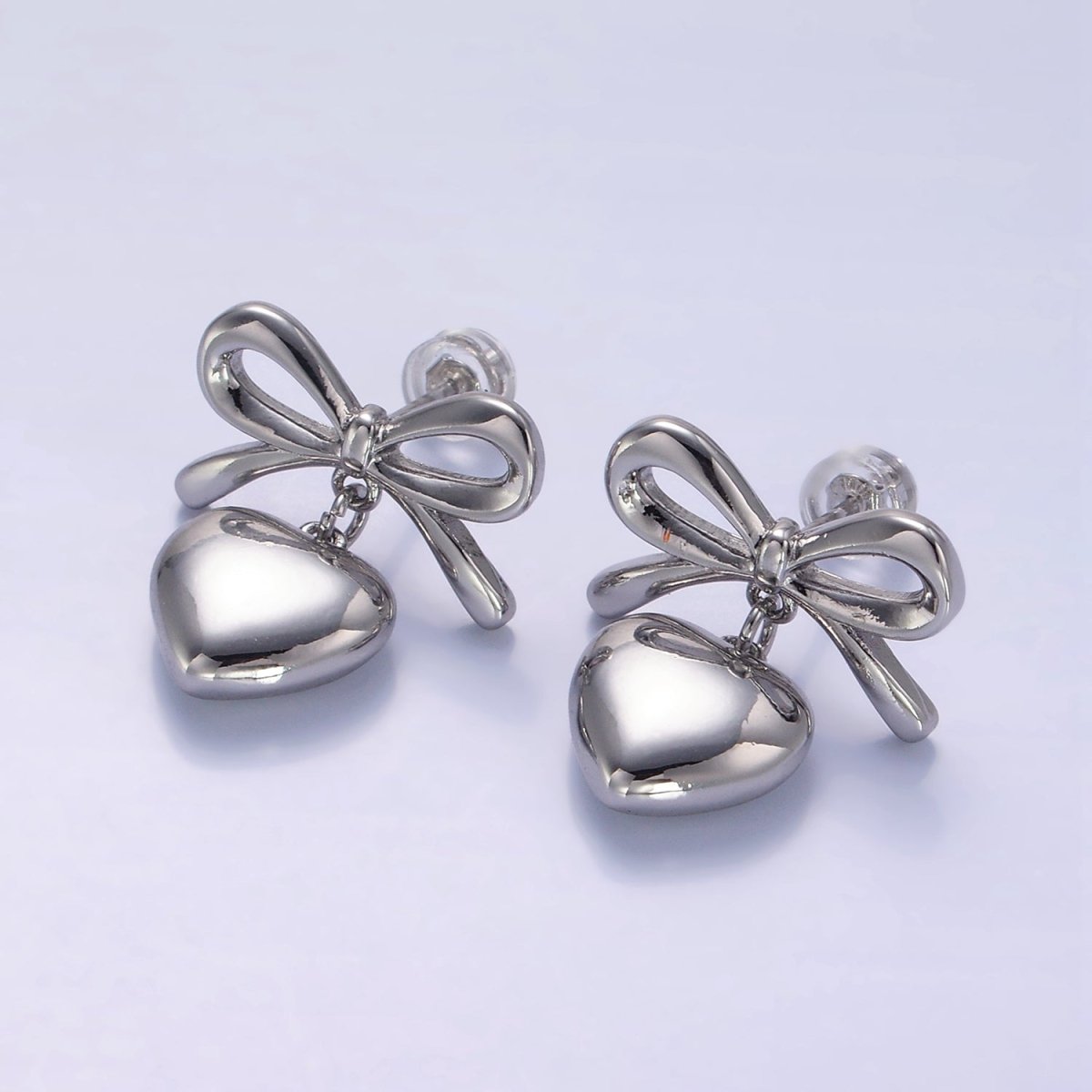 24K Gold Filled Heart Drop Ribbon Bow Stud Earrings in Gold & Silver | V069 V070 - DLUXCA