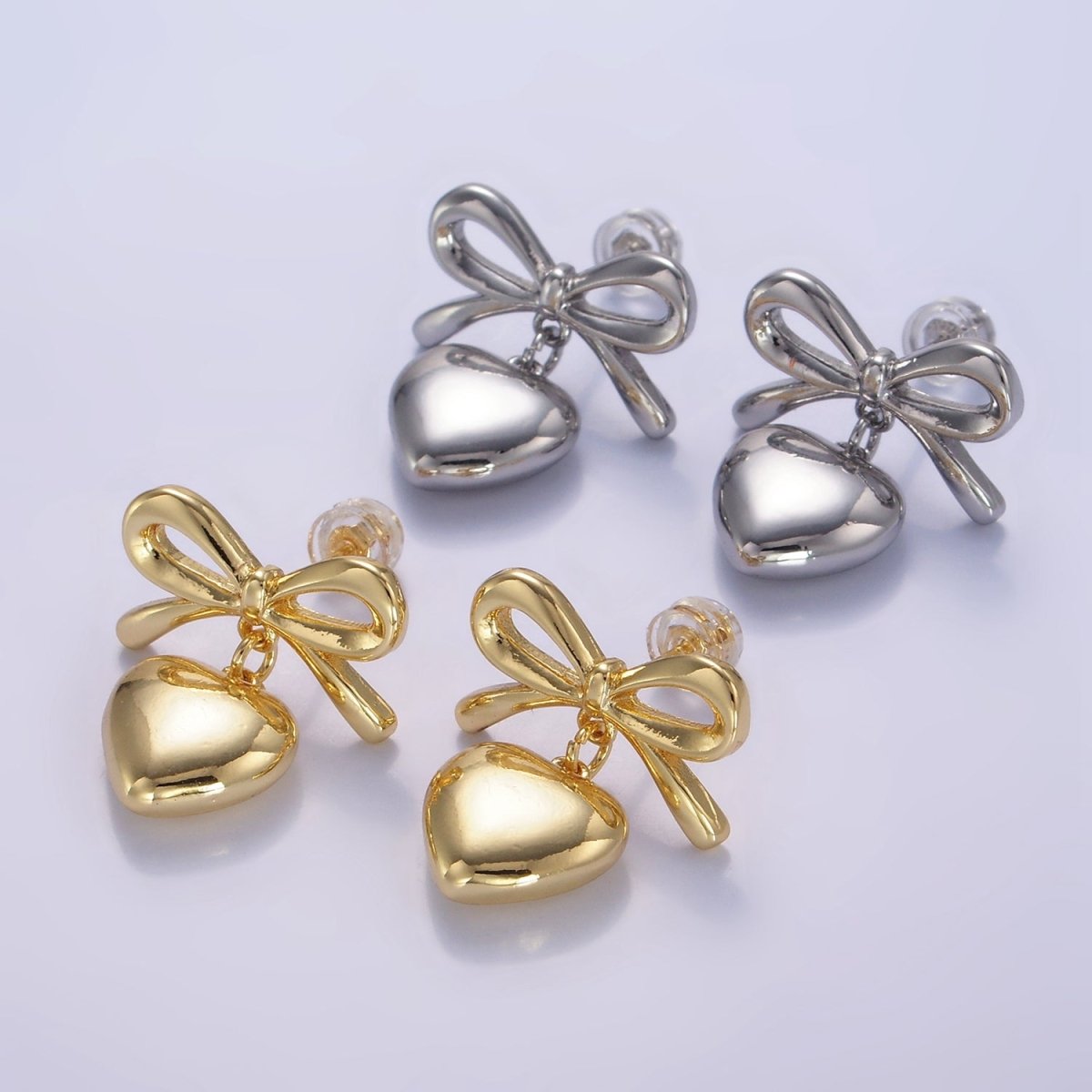 24K Gold Filled Heart Drop Ribbon Bow Stud Earrings in Gold & Silver | V069 V070 - DLUXCA