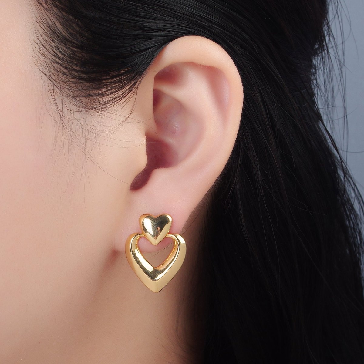 24K Gold Filled Heart Edged Door Knocker Drop Stud Earrings | AD654 - DLUXCA