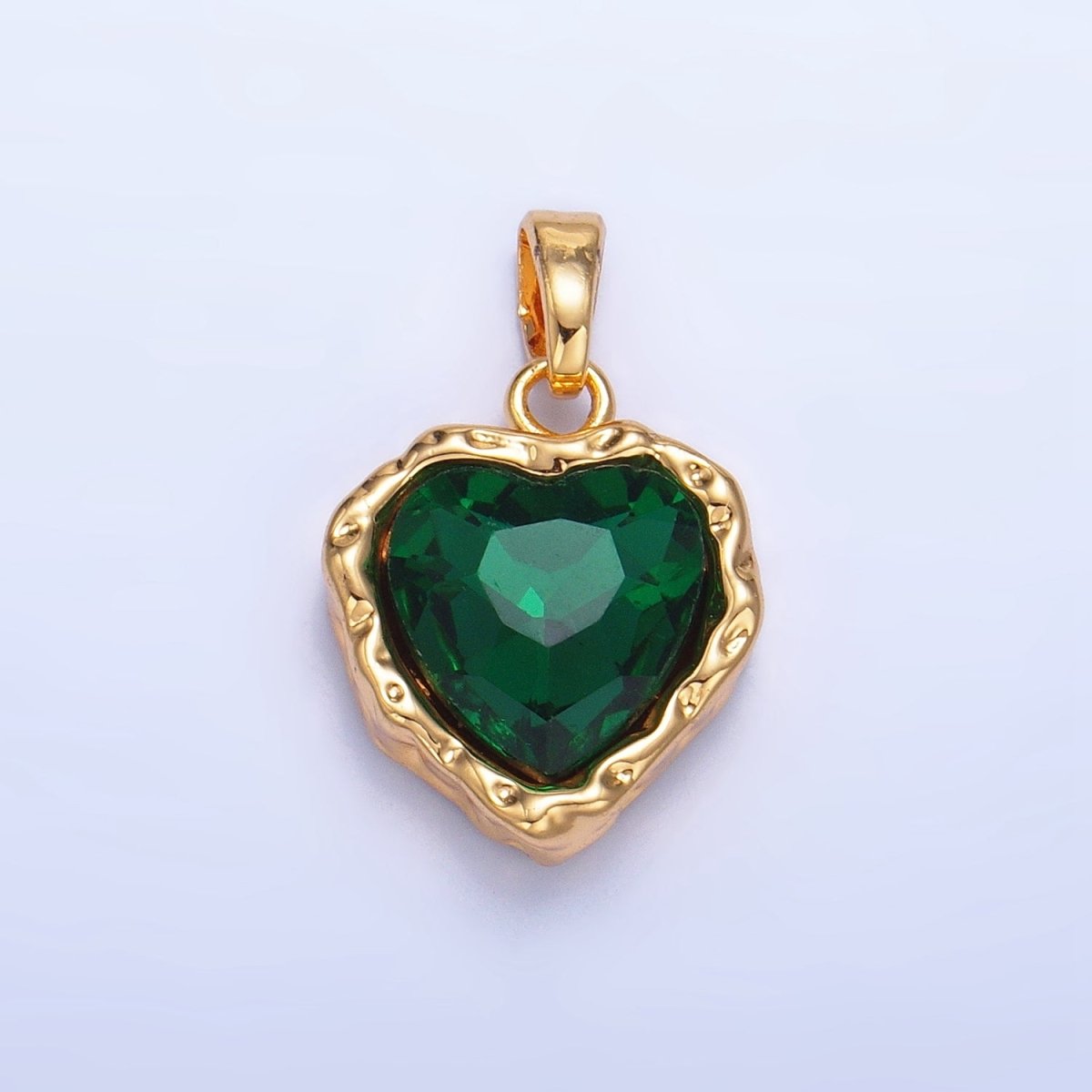 24K Gold Filled Heart Green CZ Molten Hammered Bezel Pendant | AA1194 - DLUXCA