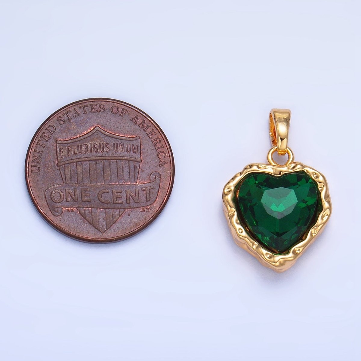 24K Gold Filled Heart Green CZ Molten Hammered Bezel Pendant | AA1194 - DLUXCA