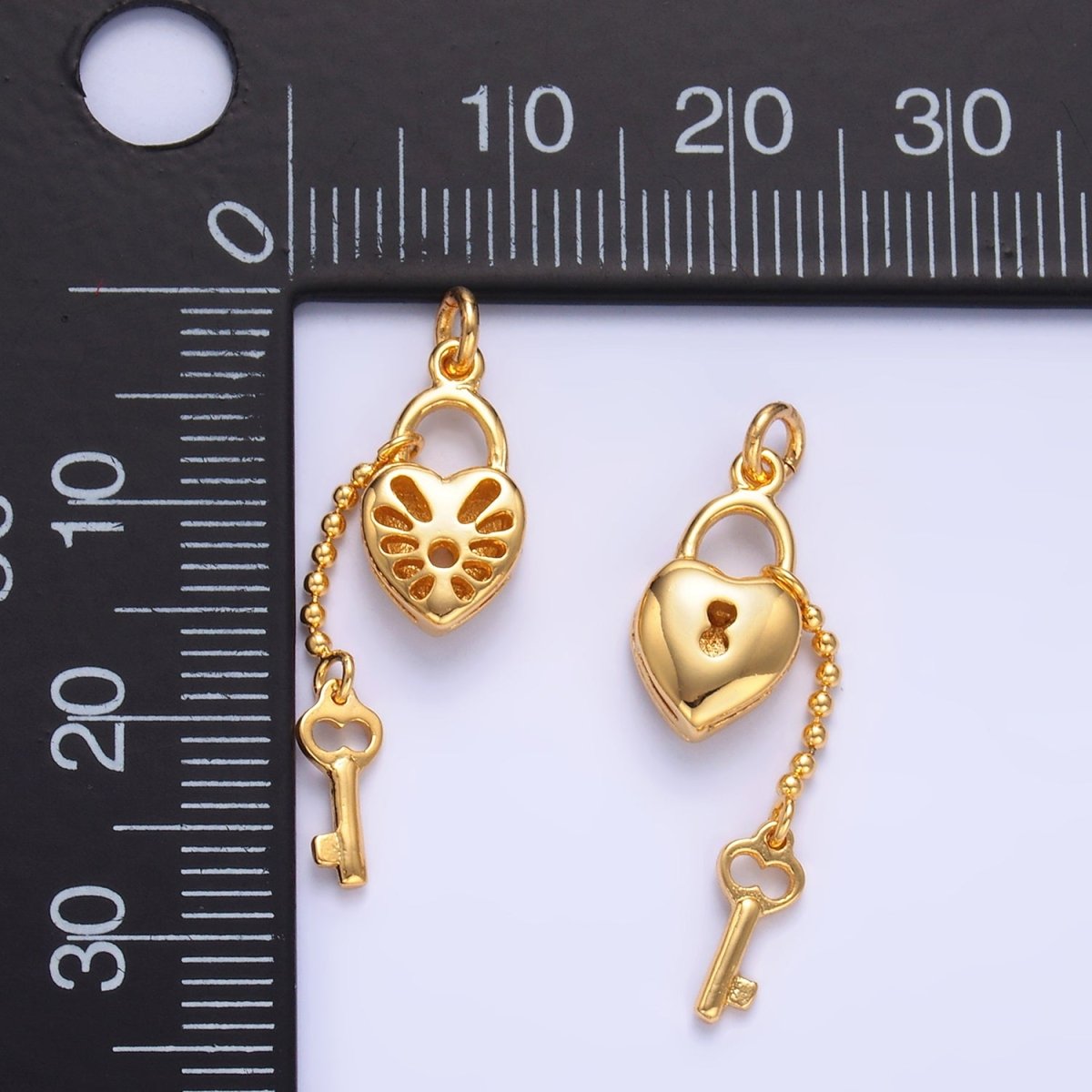 24K Gold Filled Heart Padlock Dotted Key Charm Set | W402 - DLUXCA