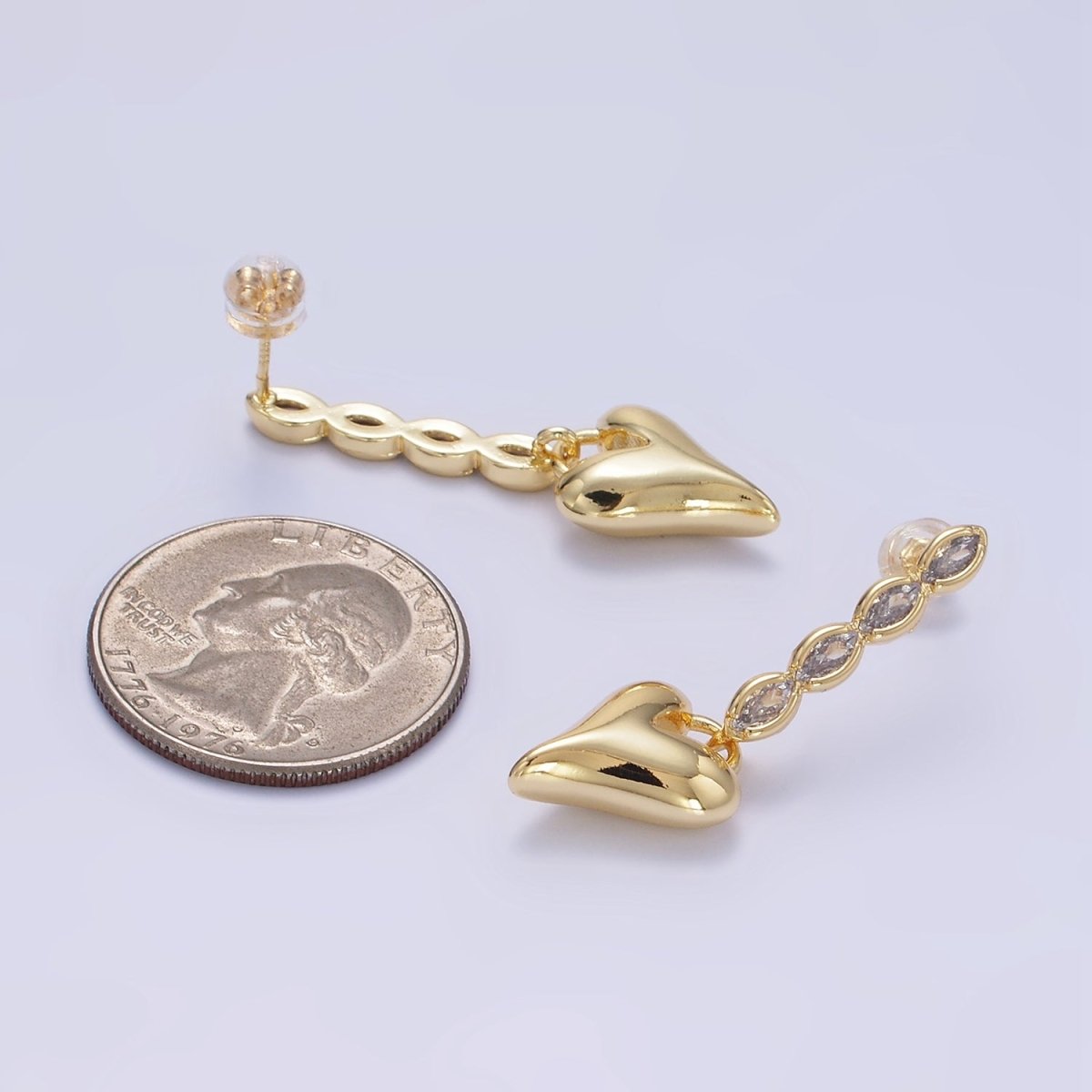 24K Gold Filled Heart Padlock Marquise CZ Drop Stud Earrings | P144 - DLUXCA