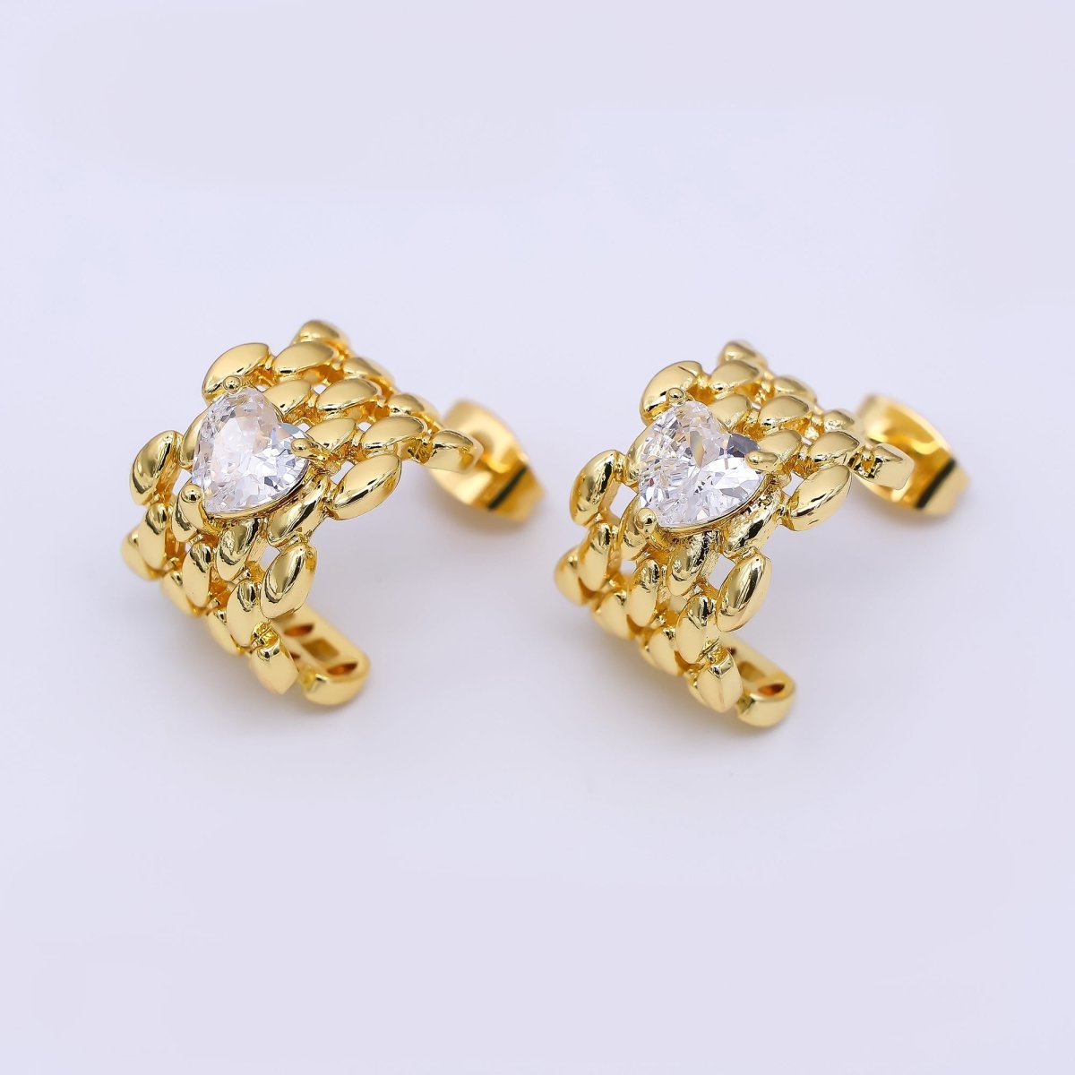 24K Gold Filled Heart - Shaped CZ C - Shaped Crochet Knitted Pattern Dainty Stud Earrings | AI - 420 - DLUXCA