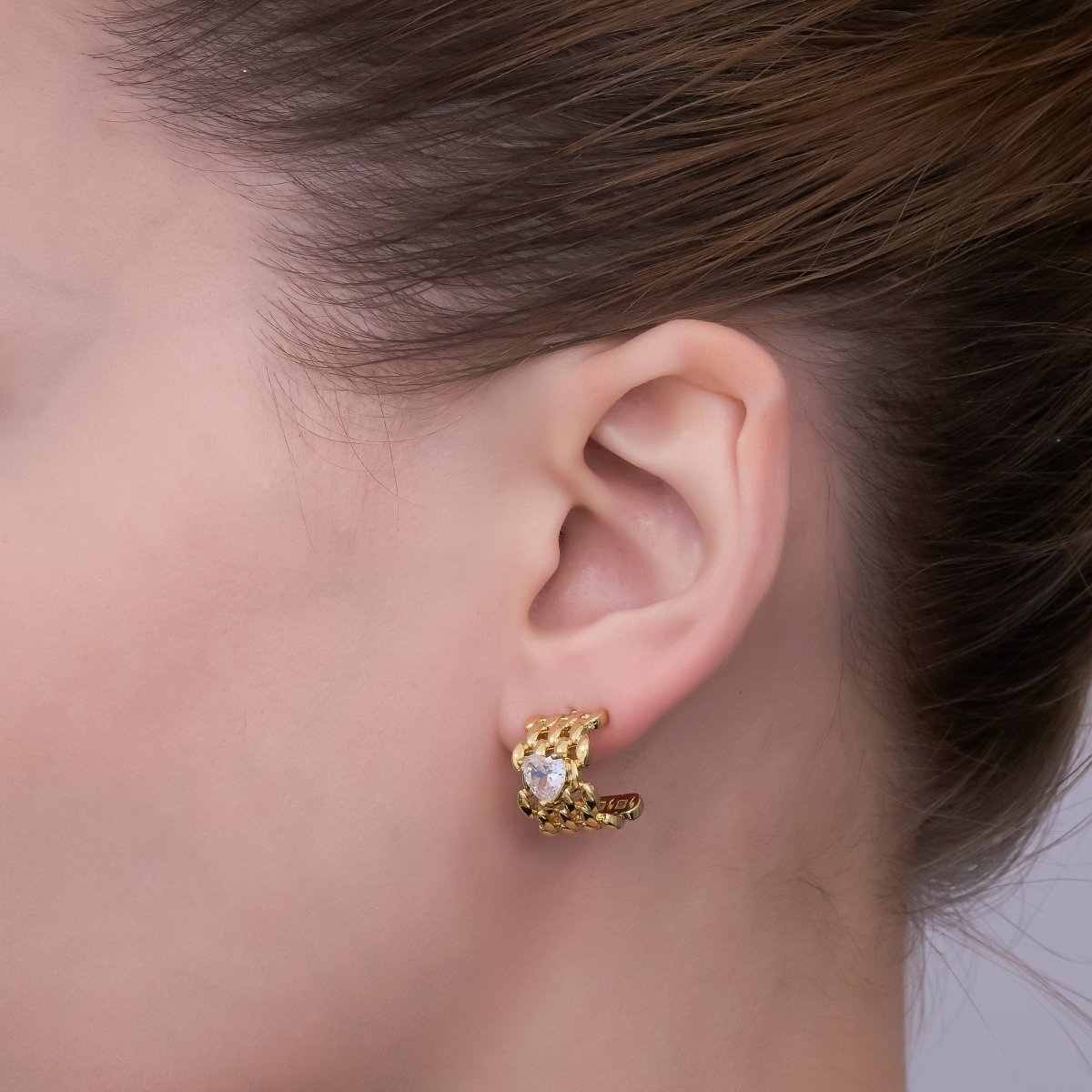 24K Gold Filled Heart - Shaped CZ C - Shaped Crochet Knitted Pattern Dainty Stud Earrings | AI - 420 - DLUXCA