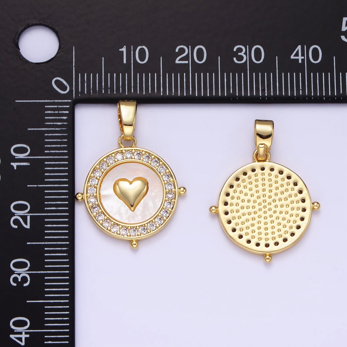 24K Gold Filled Heart Shell Pearl Micro Paved Compass Pendant | AA1334 - DLUXCA
