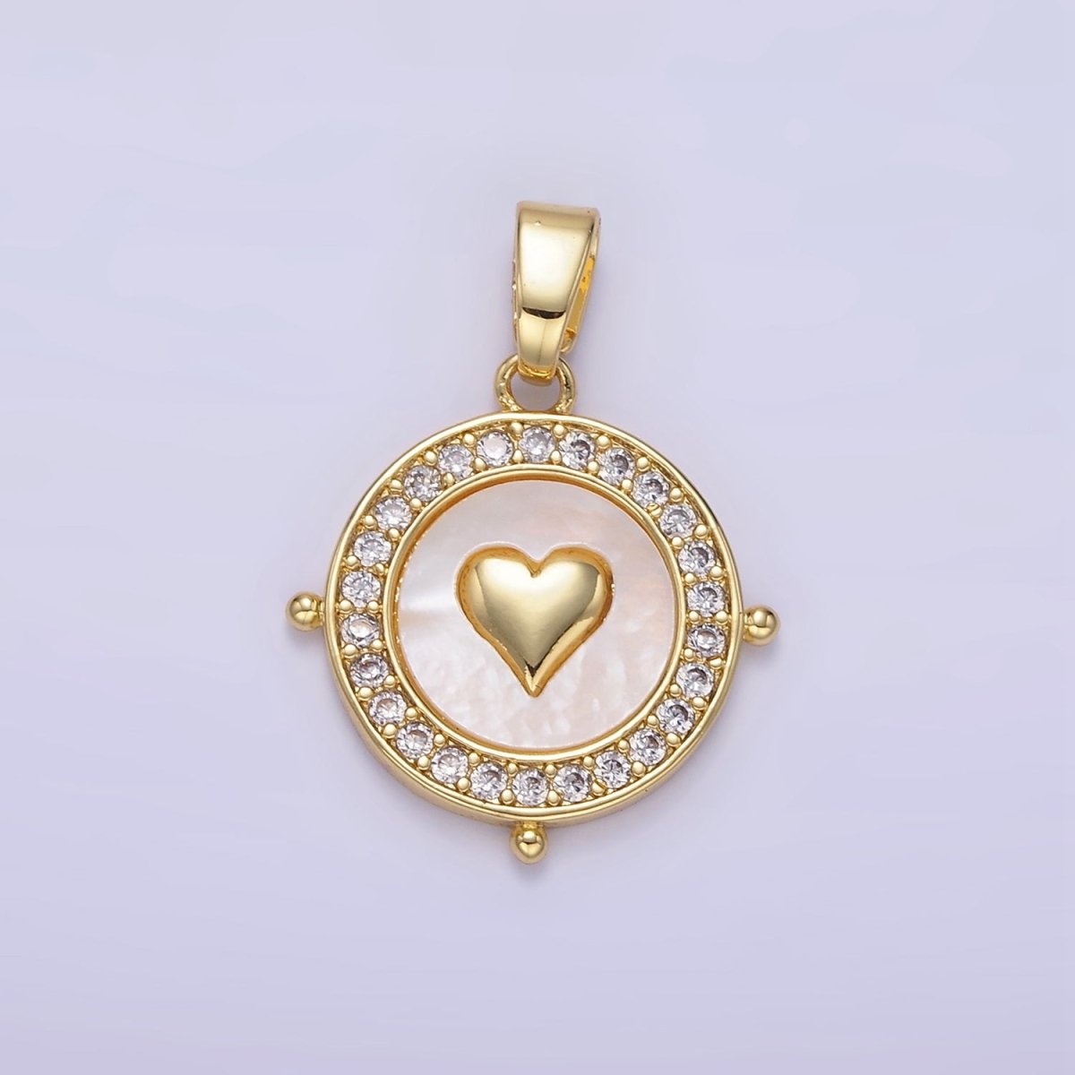 24K Gold Filled Heart Shell Pearl Micro Paved Compass Pendant | AA1334 - DLUXCA